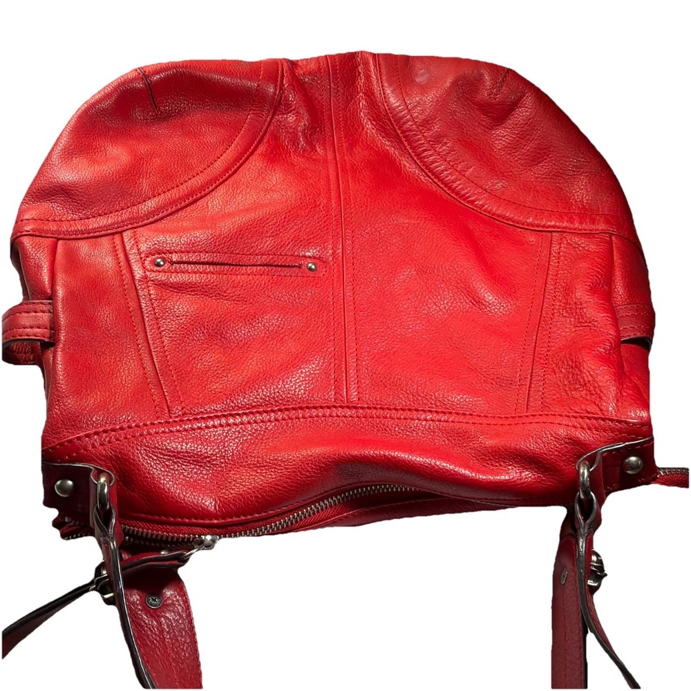 B. Makowsky Red Shoulder Bag Gun Metal Silver Hardware Pockets Double Handles - Picture 7 of 10
